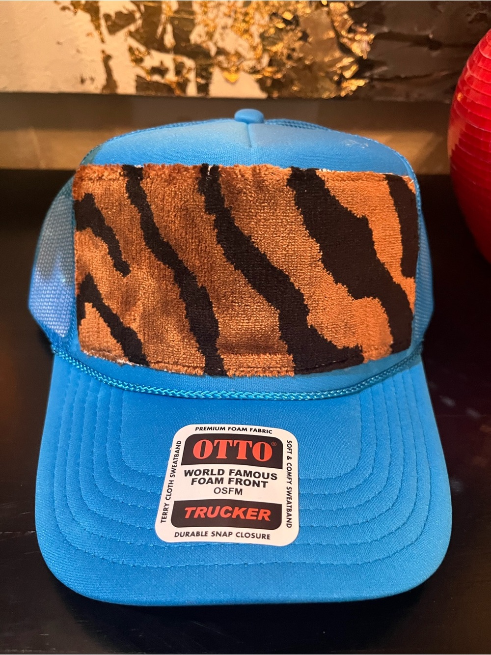 Kilim Blue Trucker Hat with Tiger Print Panel